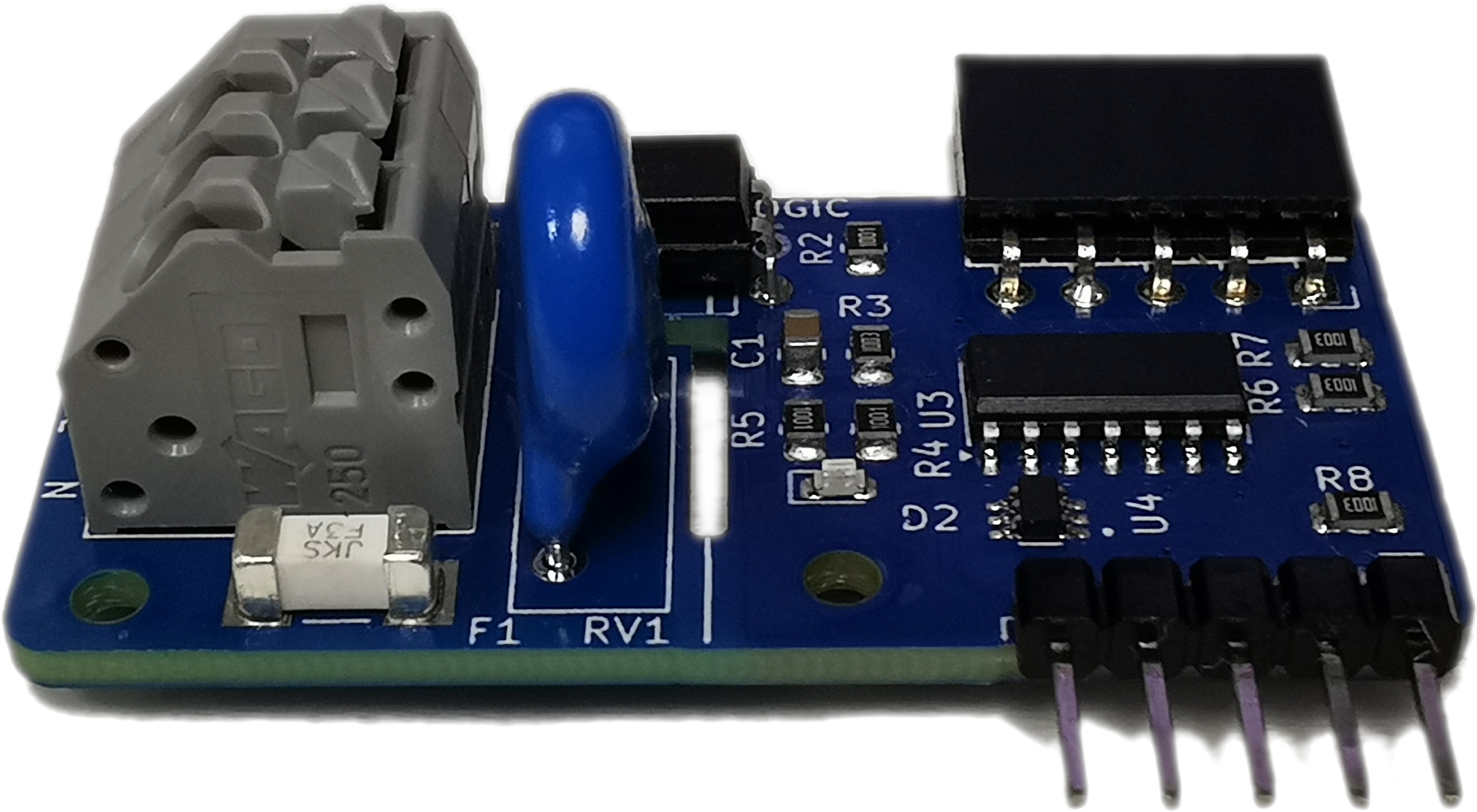 Close-up of a single AC-SENSE board showing the mains screw terminals