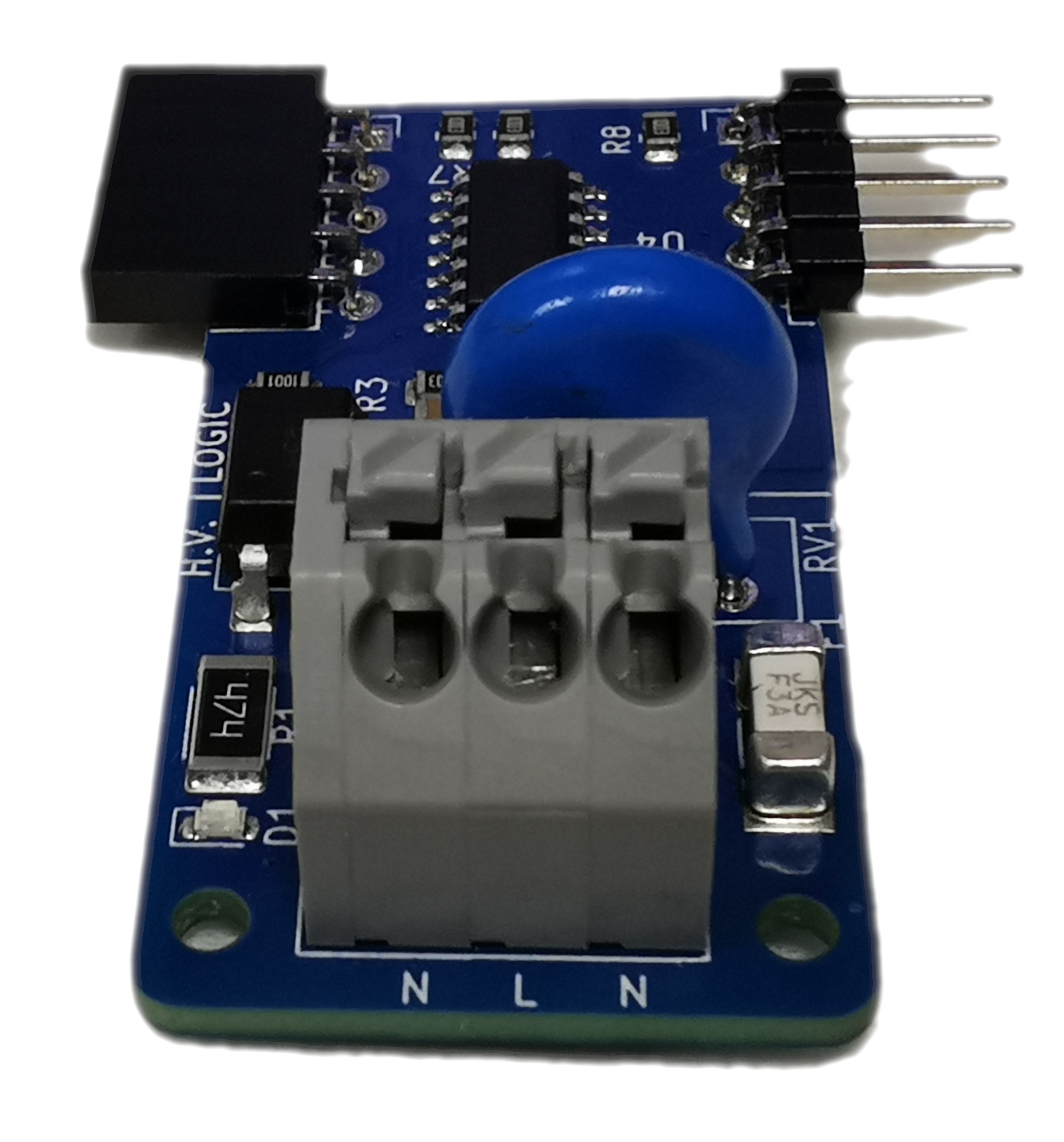 Close-up of a single AC-SENSE board showing the chain header pins