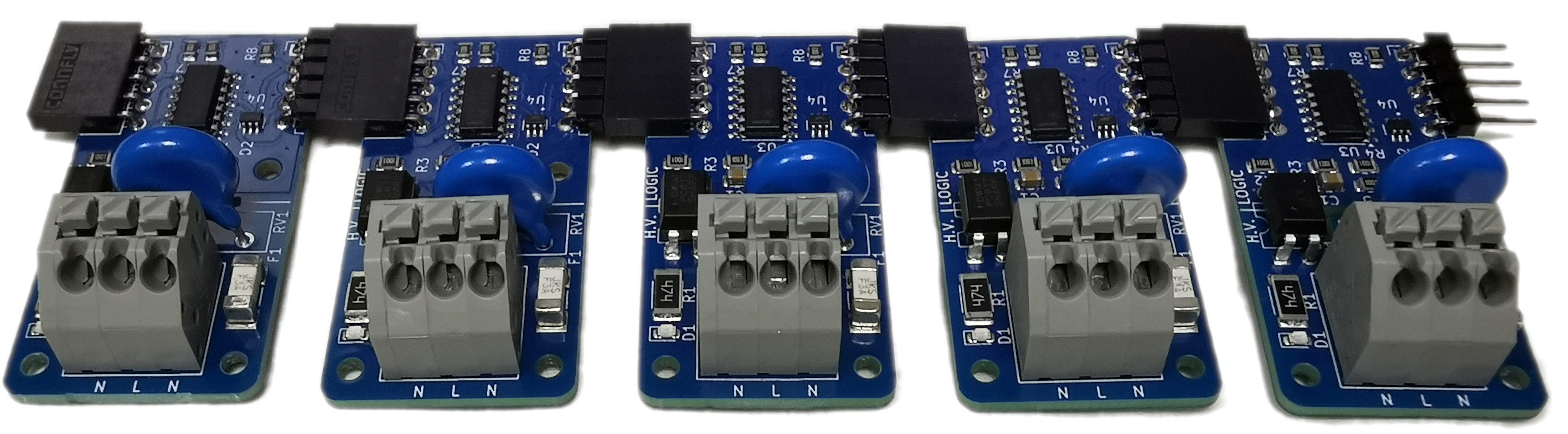 Five AC-SENSE boards daisy-chained together, header pins connecting each board to the next